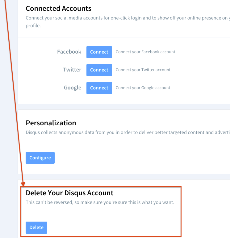 Delete account button in profile settings